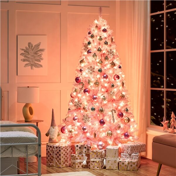 Yaheetech 6ft Pre-lit Artificial Hinged Christmas Tree Pink