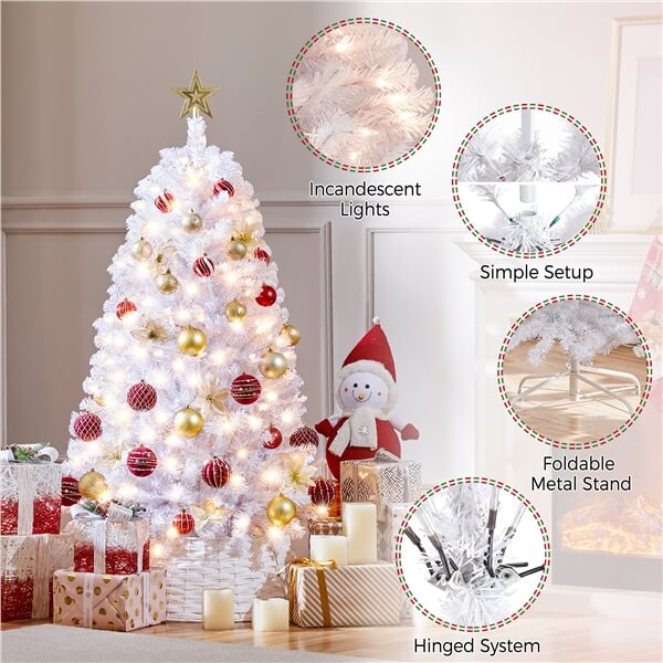 Yaheetech 4.5ft Pre-lit Spruce Artificial Hinged Christmas Pine Tree White