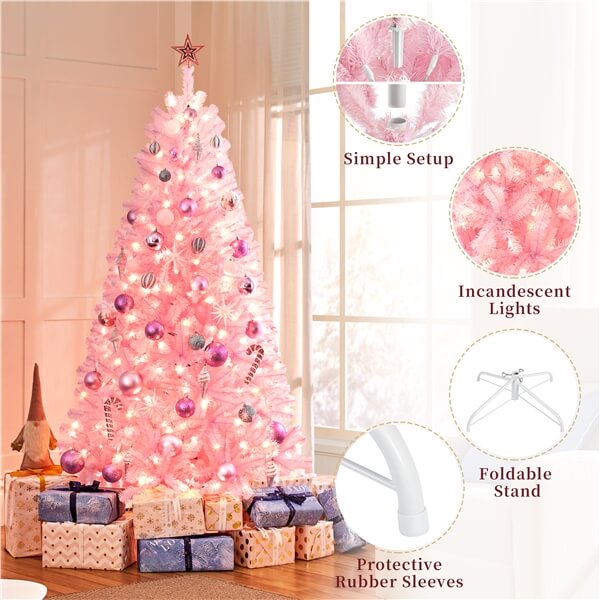 Yaheetech 6ft Pre-lit Artificial Hinged Christmas Tree Pink