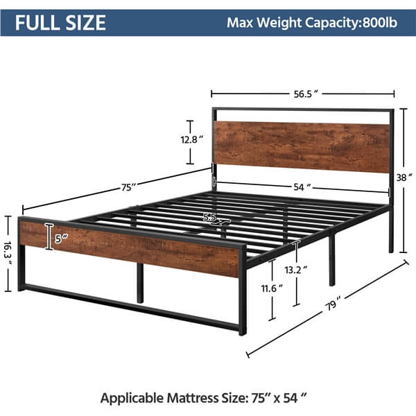 Yaheetech Twin/Full/Queen Metal Platform Bed Frame, Mahogany