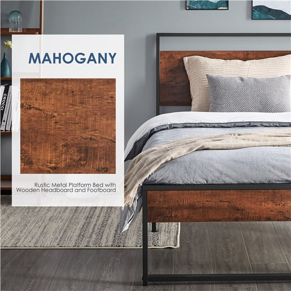 Yaheetech Twin/Full/Queen Metal Platform Bed Frame, Mahogany