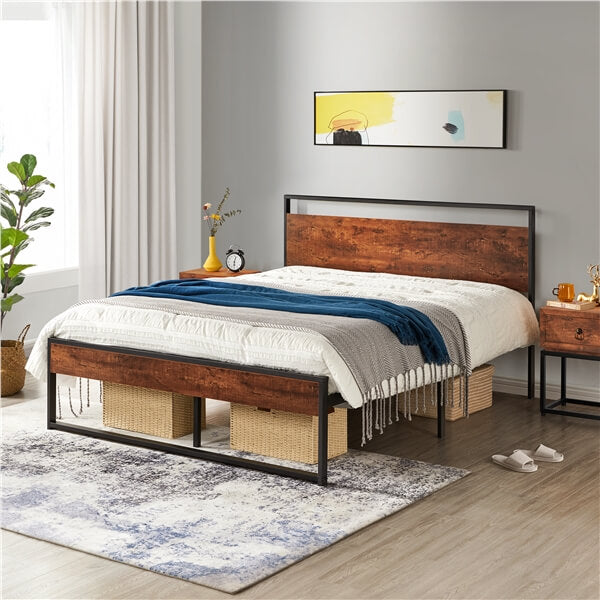 Yaheetech Twin/Full/Queen Metal Platform Bed Frame, Mahogany