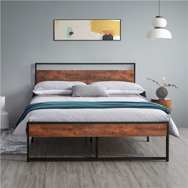 Yaheetech Twin/Full/Queen Metal Platform Bed Frame, Mahogany
