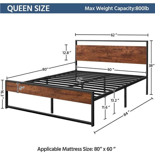 Yaheetech Twin/Full/Queen Metal Platform Bed Frame, Mahogany