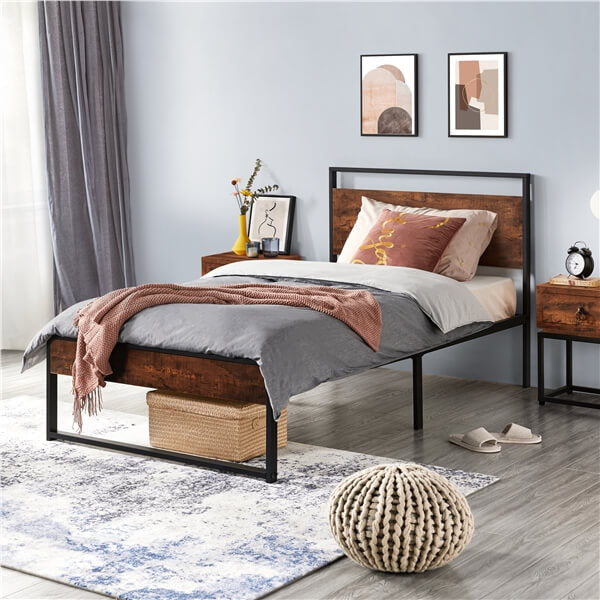 Yaheetech Twin/Full/Queen Metal Platform Bed Frame, Mahogany