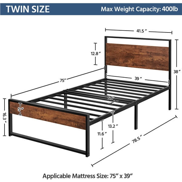 Yaheetech Twin/Full/Queen Metal Platform Bed Frame, Mahogany