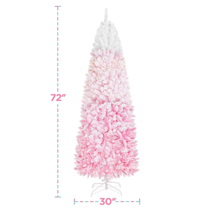 slim christmas tree with snow and lights