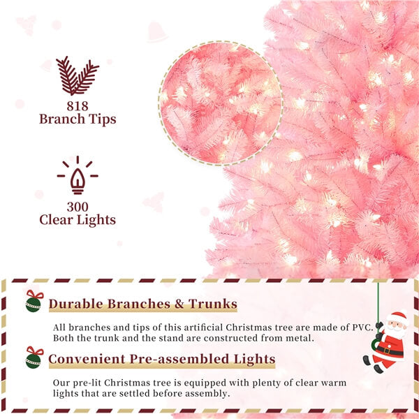 Yaheetech 6ft Pre-lit Artificial Hinged Christmas Tree Pink