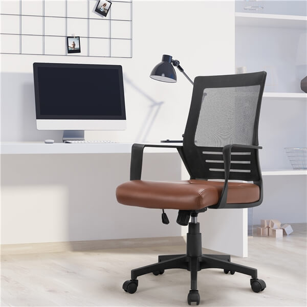 Office Mid Back Swivel Lumbar Support Desk Leather Padded Seat Computer Ergonomic Mesh Chair with Armrests