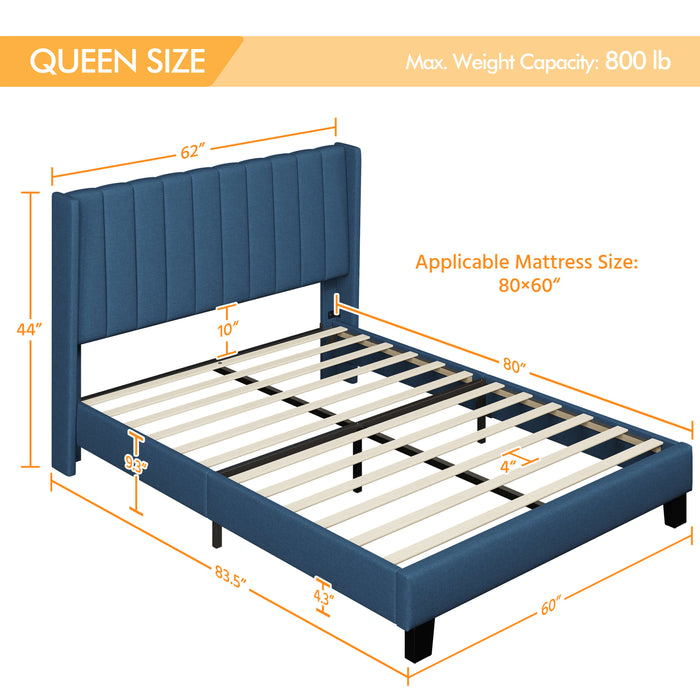 Upholstered Bed Frame with Wing Side, Navy Blue