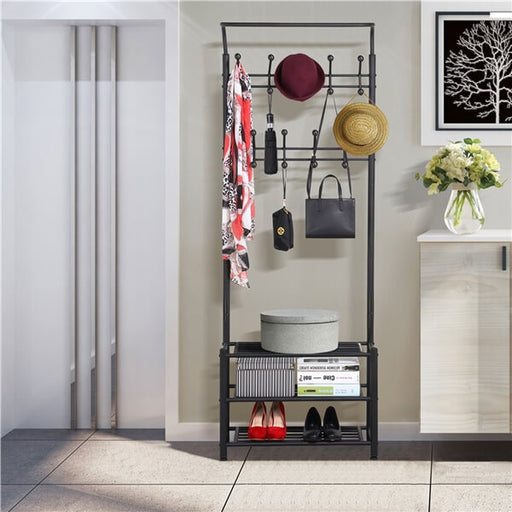 Entryway Hall Tree with 18 Hooks and 3-Tier Shoe Storage Bench