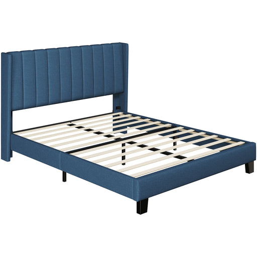 Upholstered Bed Frame with Wing Side, Navy Blue