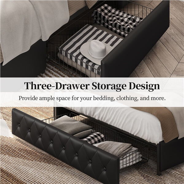 Yaheetech Upholstered Bed Frame with Adjustable Headboard and Three Drawers Storage