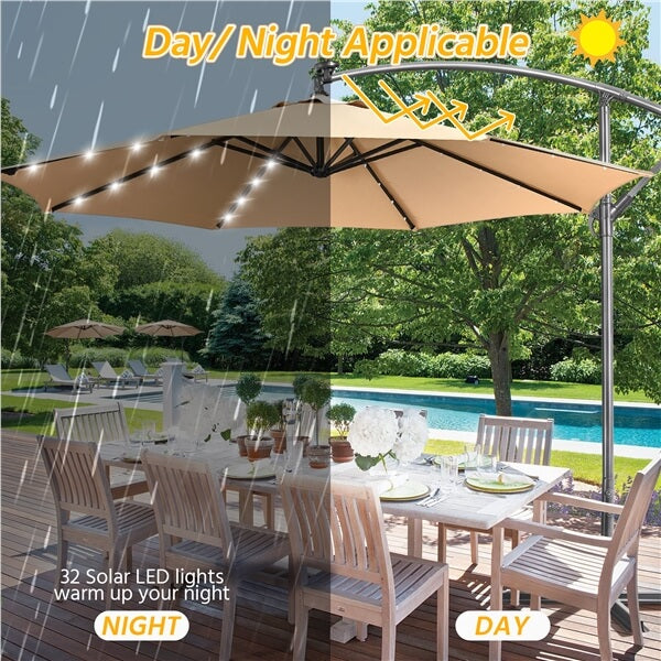 Yaheetech 10FT Solar Offset Umbrella with 32 LED Lights