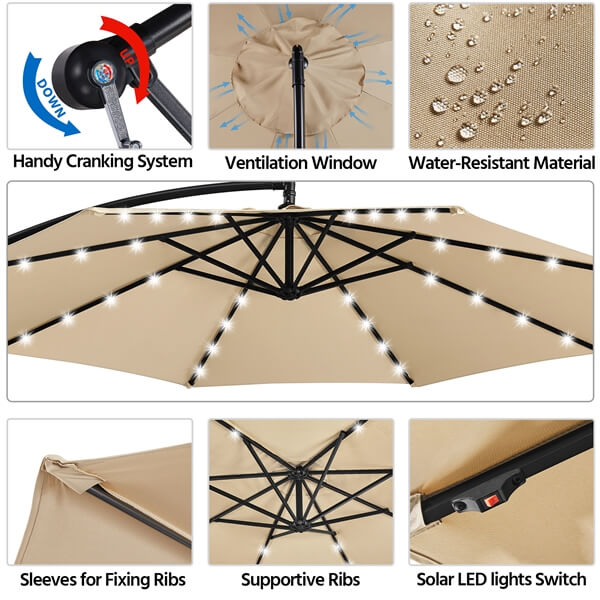 Yaheetech 10FT Solar Offset Umbrella with 32 LED Lights