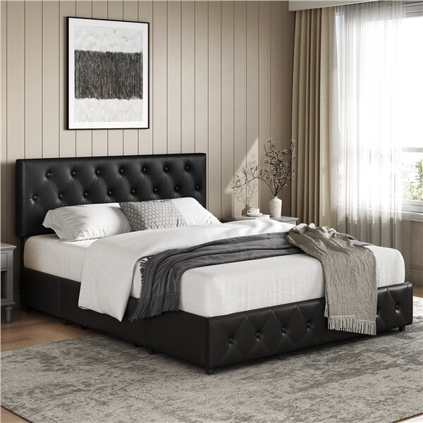 Yaheetech Upholstered Bed Frame with Adjustable Headboard and Three Drawers Storage