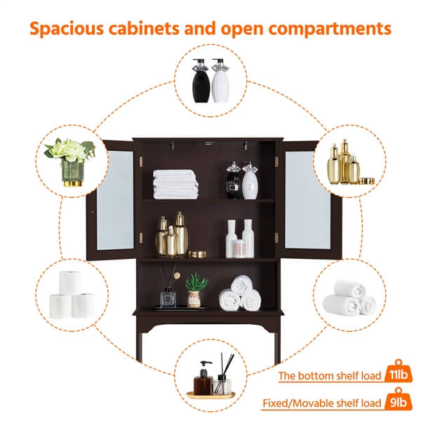 Yaheetech Free Standing Toilet Rack with Adjustable Shelves and Tempered Glass Doors for Bathroom Washroom