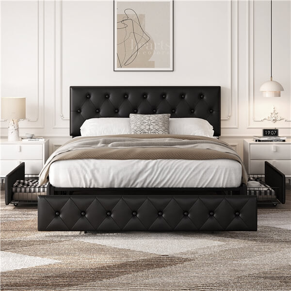 Yaheetech Upholstered Bed Frame with Adjustable Headboard and Three Drawers Storage