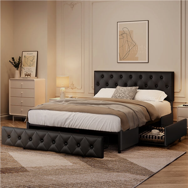 Yaheetech Upholstered Bed Frame with Adjustable Headboard and Three Drawers Storage