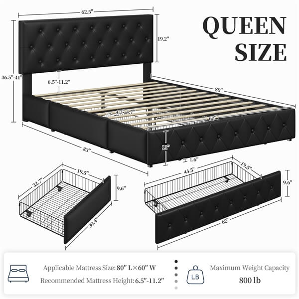Yaheetech Upholstered Bed Frame with Adjustable Headboard and Three Drawers Storage