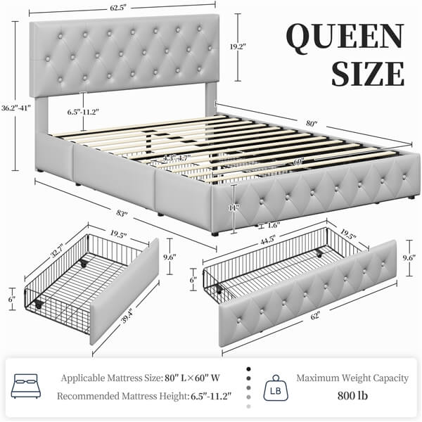 Yaheetech Upholstered Bed Frame with Adjustable Headboard and Three Drawers Storage