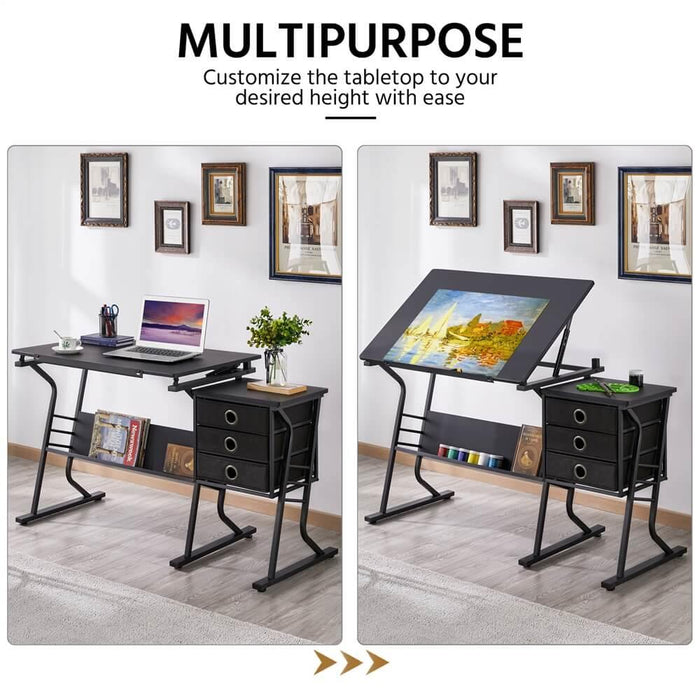 Yaheetech Black Tabletop Adjustable Art/Craft Desk with Stool and 3 Slide Drawers