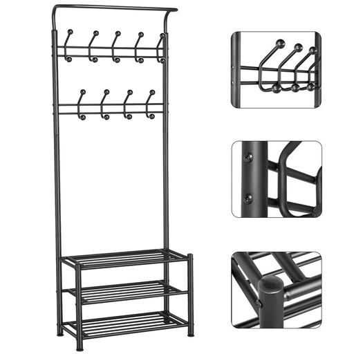 Coat Rack 18 Hooks 3-Tier Shoe Rack Hall Tree