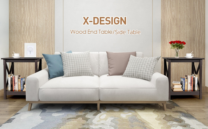 Yaheetech X Design End Table with 2-Tier Storage Shelf