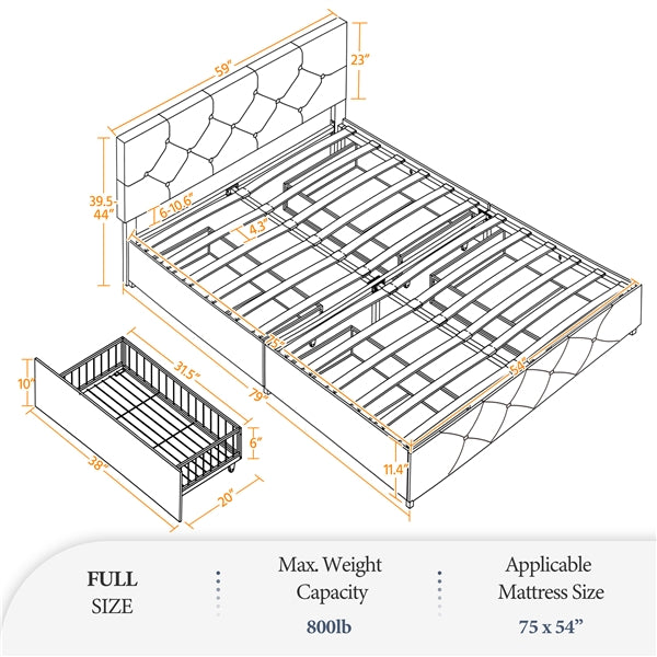 Yaheetech Upholstered Bed Frame with 4 Drawers Storage